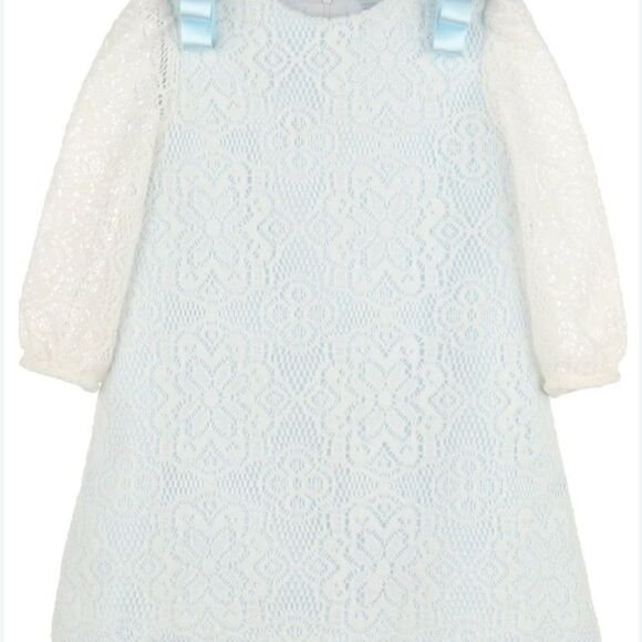 New Luli and Me Blue Cream DAINTY LACE DRESS -  Satin Ribbons - Picture 3 of 5